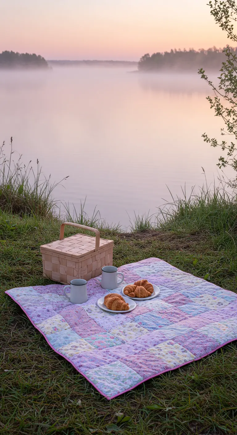 Picnic al amanecer junto a un lago neblinoso con una manta de patchwork y croissants.
