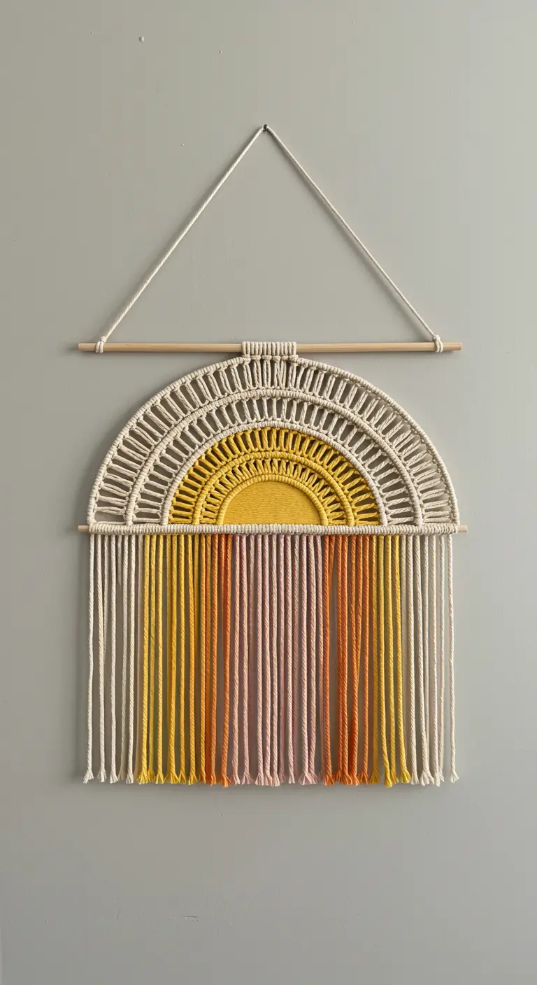 Tapiz de macramé semicircular que simula un amanecer, con flecos de colores degradados.