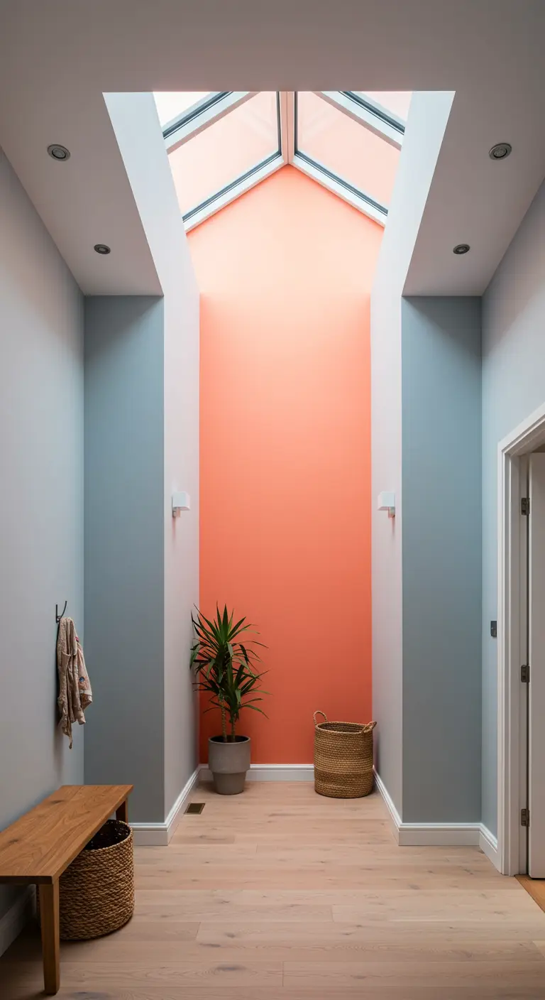 Pasillo con tragaluz y una pared de acento en color coral que se ilumina con luz natural.