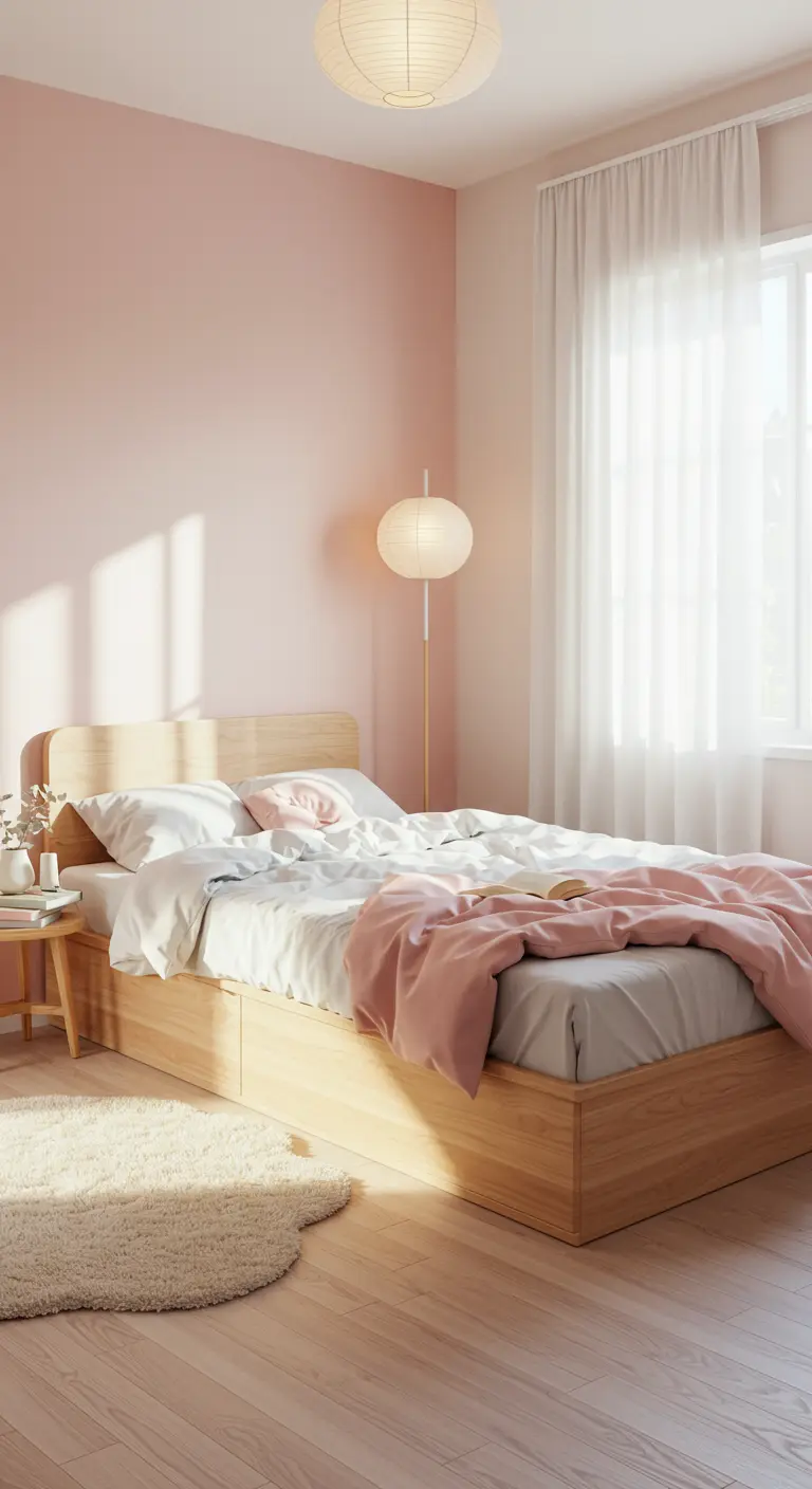 Habitación minimalista con pared rosa pastel, cama de madera clara y lámparas de papel esféricas.