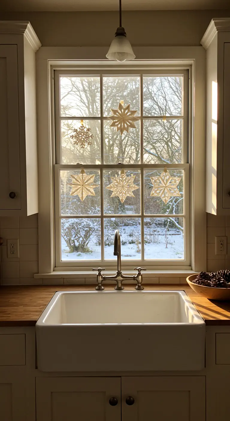 Copos de nieve dorados de papel pegados en una ventana de cocina sobre el fregadero.