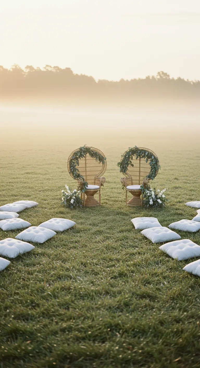 Dos sillas de ratán en un campo brumoso al amanecer, decoradas con eucalipto y cojines blancos.
