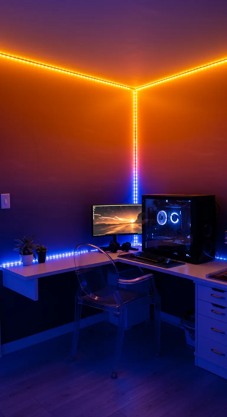 Rincón de gaming con luces LED naranjas y azules que crean un fuerte contraste de color.