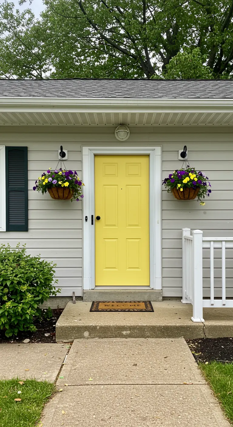 Puerta de color amarillo pálido en una casa de revestimiento gris, con cestas de flores colgantes