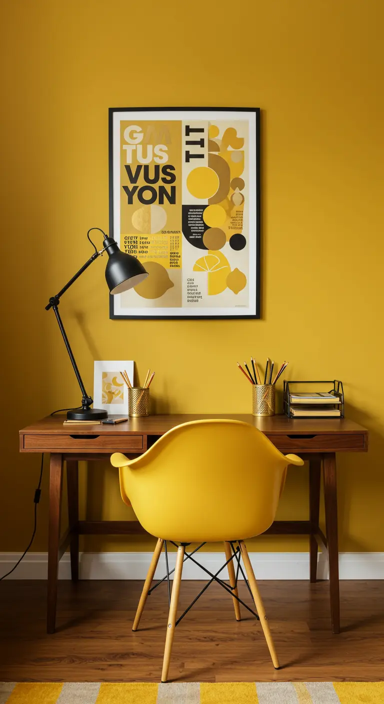 Rincón de trabajo en amarillo mostaza con silla de diseño y póster gráfico.