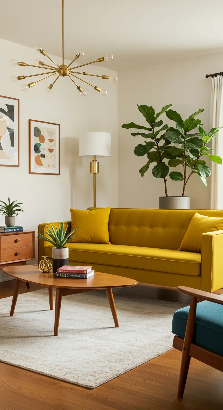 Salón Mid-Century Modern con sofá de terciopelo amarillo, muebles de madera y lámpara sputnik.