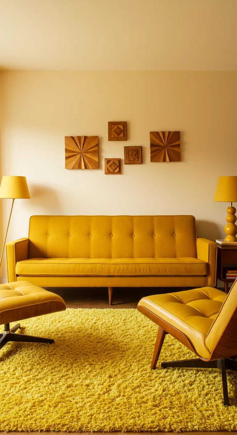 Sala de estar de estilo retro en amarillo mostaza con mobiliario Mid-Century y alfombra shag.