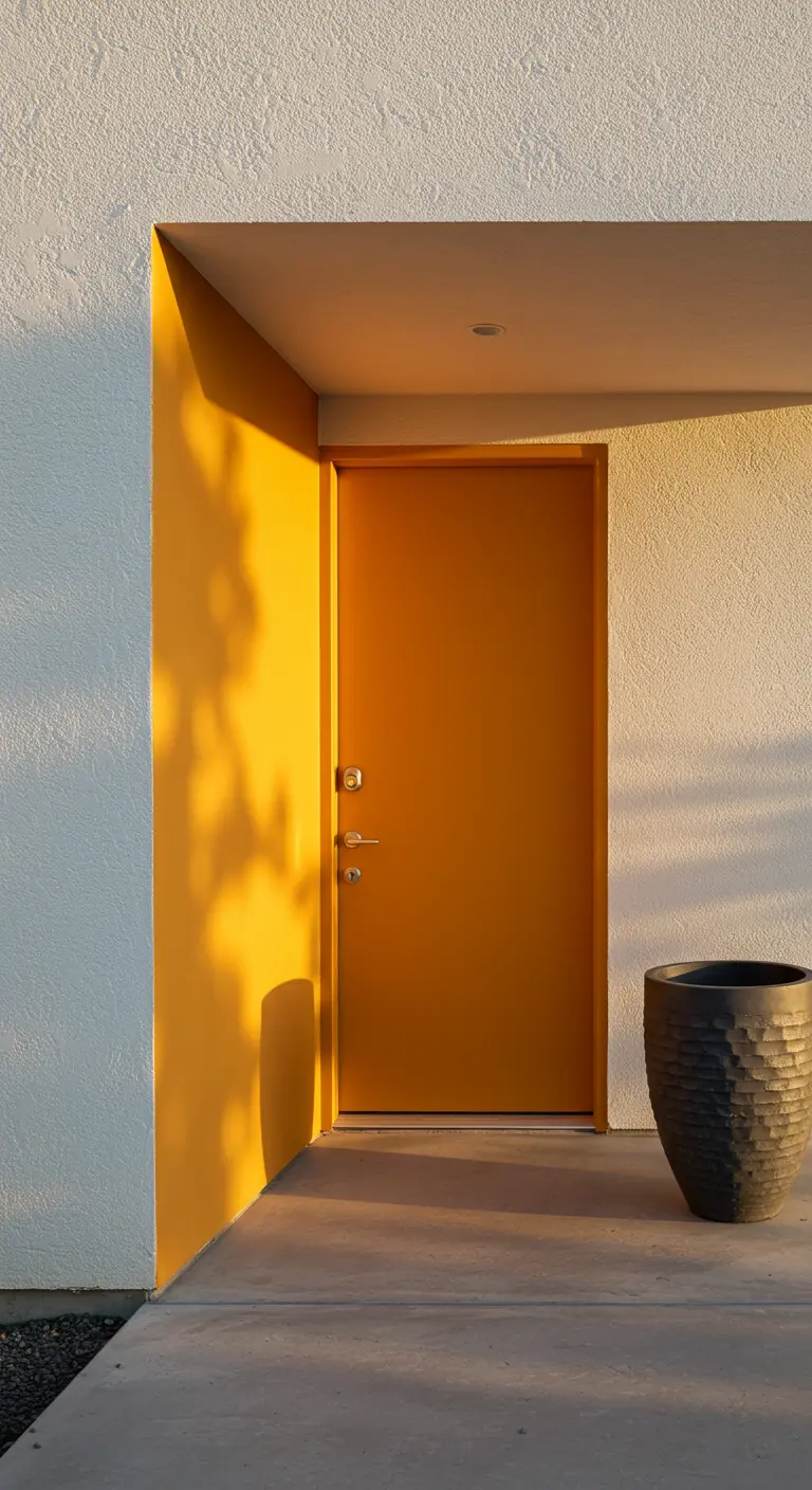 Entrada con el interior del porche pintado de amarillo ocre y una gran maceta oscura en contraste