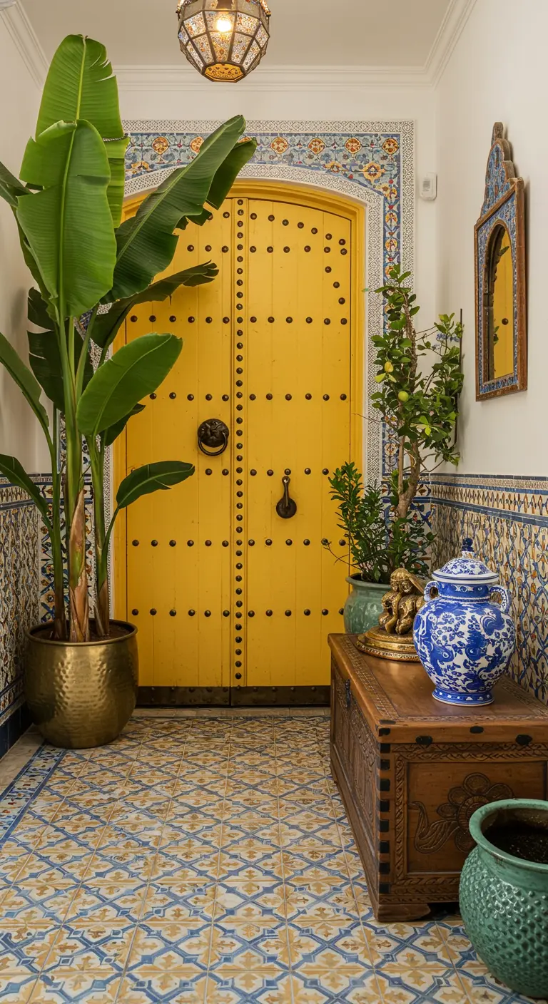 Recibidor de estilo marroquí con puerta amarilla, azulejos estampados y un baúl de madera.