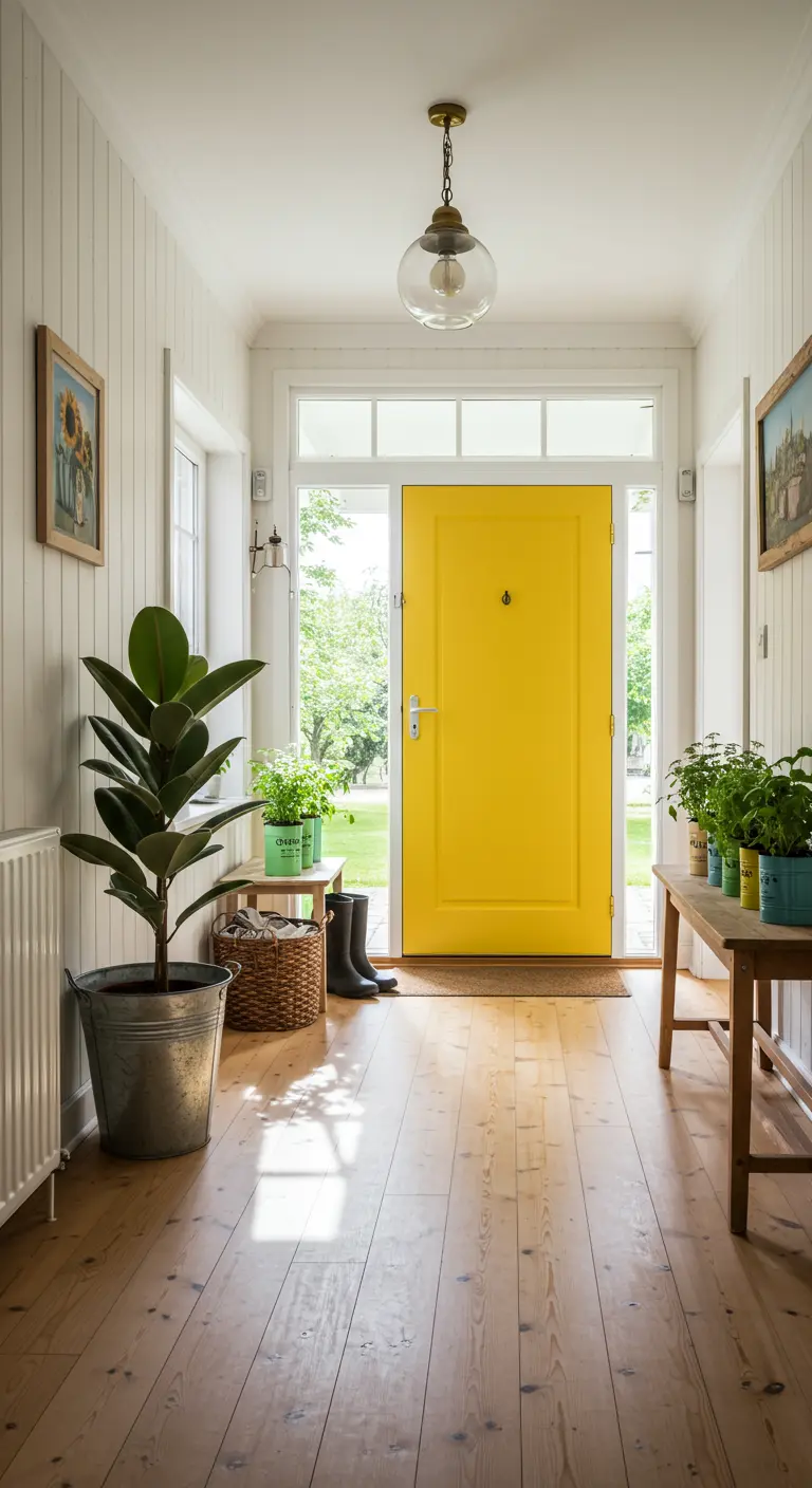 Recibidor de estilo escandinavo con puerta amarilla, paredes blancas y plantas en cubos metálicos.