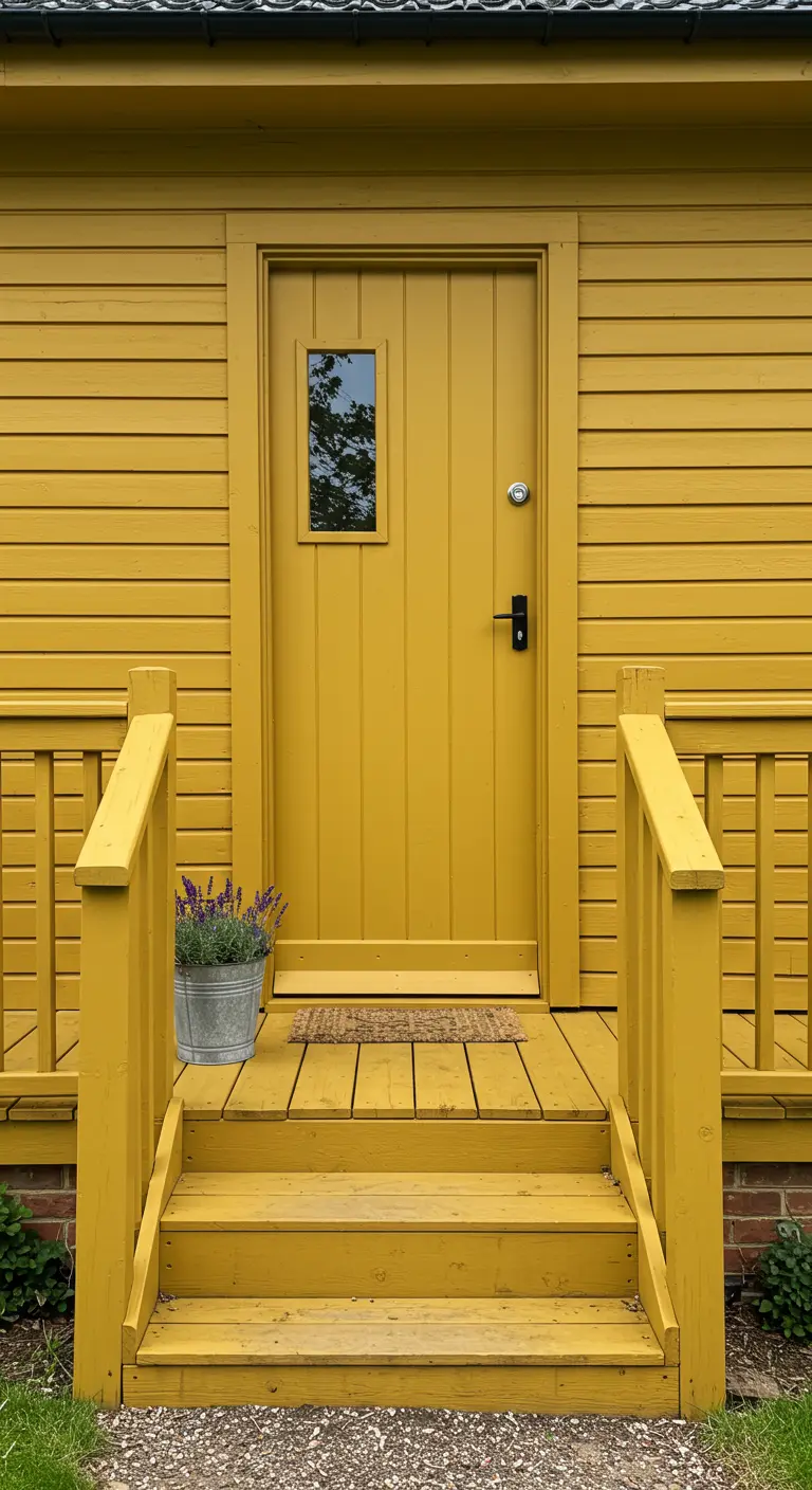 Porche de madera completamente pintado de amarillo mostaza, con una maceta de zinc con lavanda