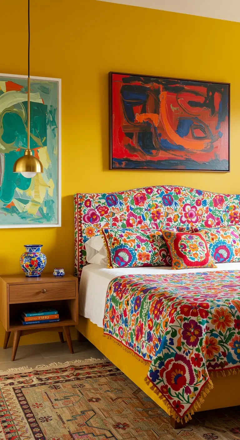 Habitación con pared amarilla, cabecero bordado con flores de colores y arte abstracto.