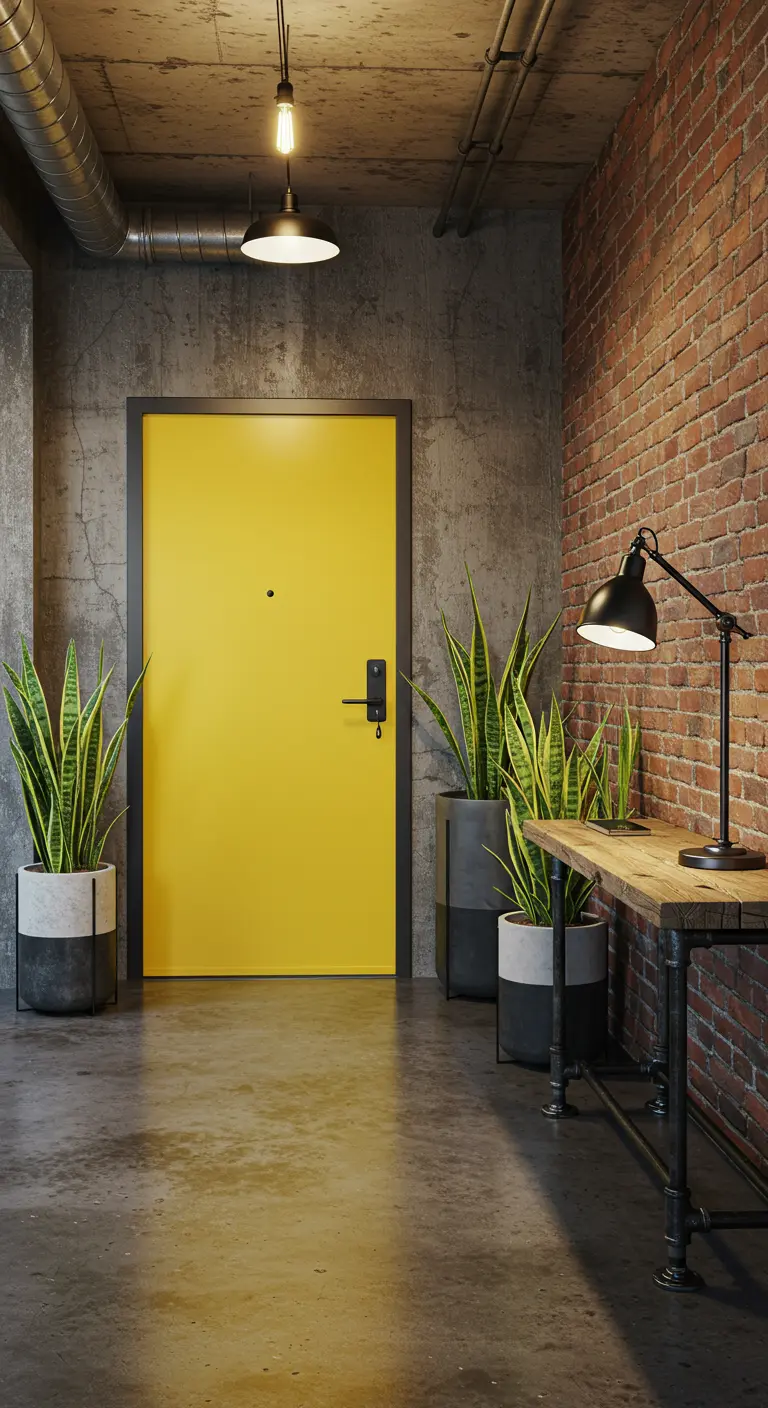 Recibidor industrial con puerta amarilla brillante, pared de ladrillo y plantas altas.