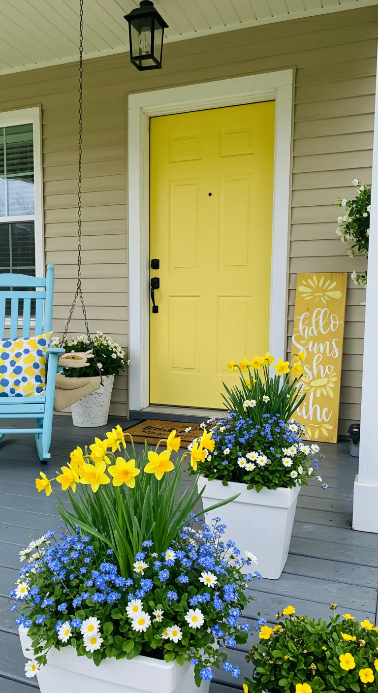 Porche con puerta amarilla, mecedora azul y macetas con narcisos amarillos y nomeolvides azules.