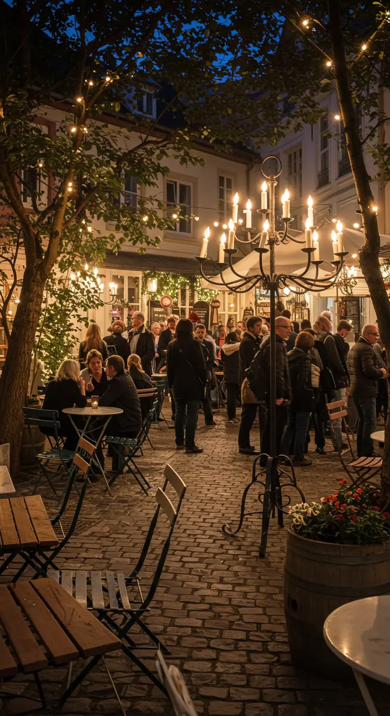 Patio adoquinado lleno de gente en mesas de bistró, iluminado por una gran farola-candelabro.