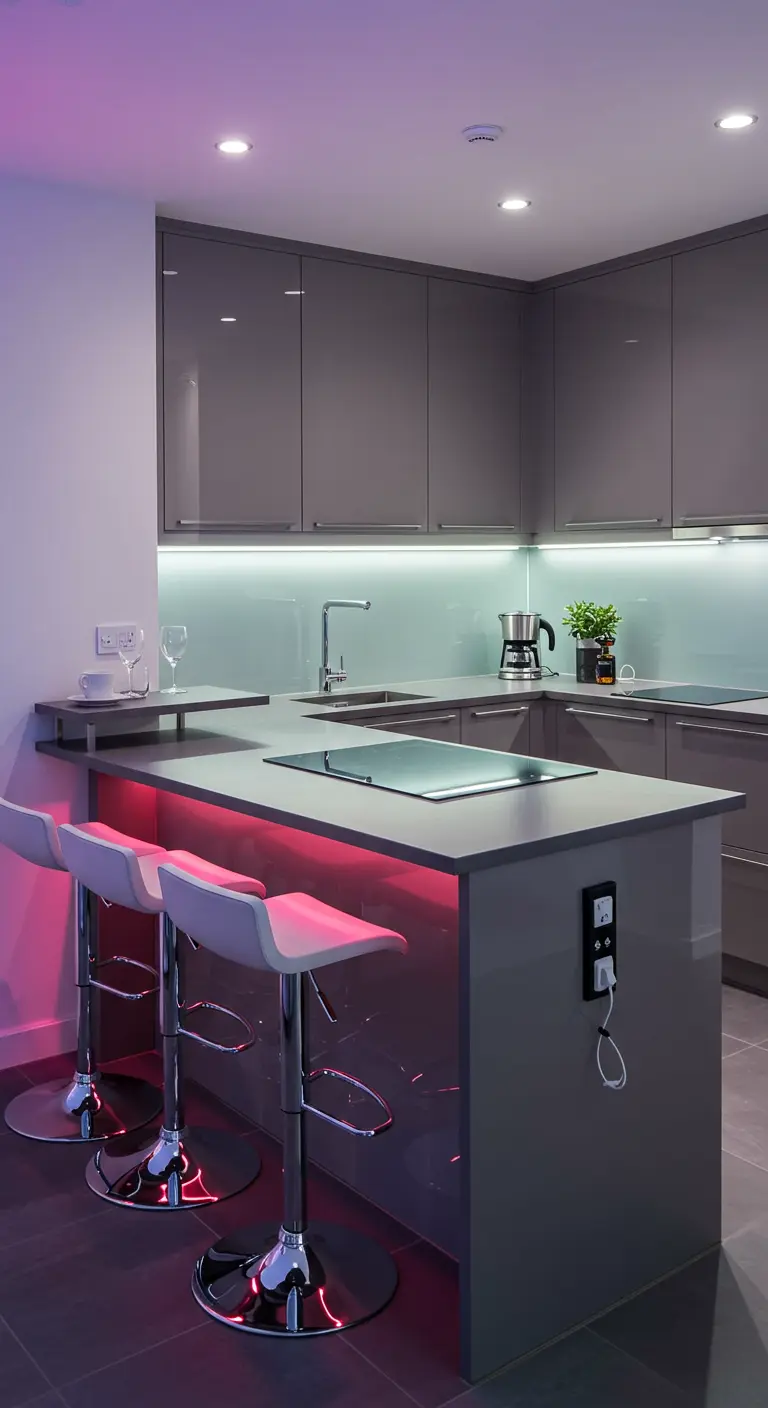 Cocina moderna y oscura iluminada con una llamativa luz LED de color rosa bajo la isla.