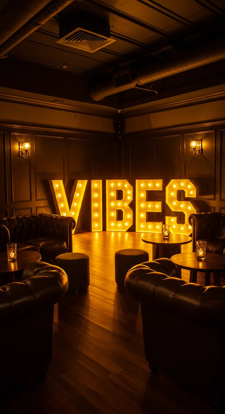 Letras 'VIBES' iluminadas en un salón oscuro y acogedor con sofás de cuero Chesterfield.