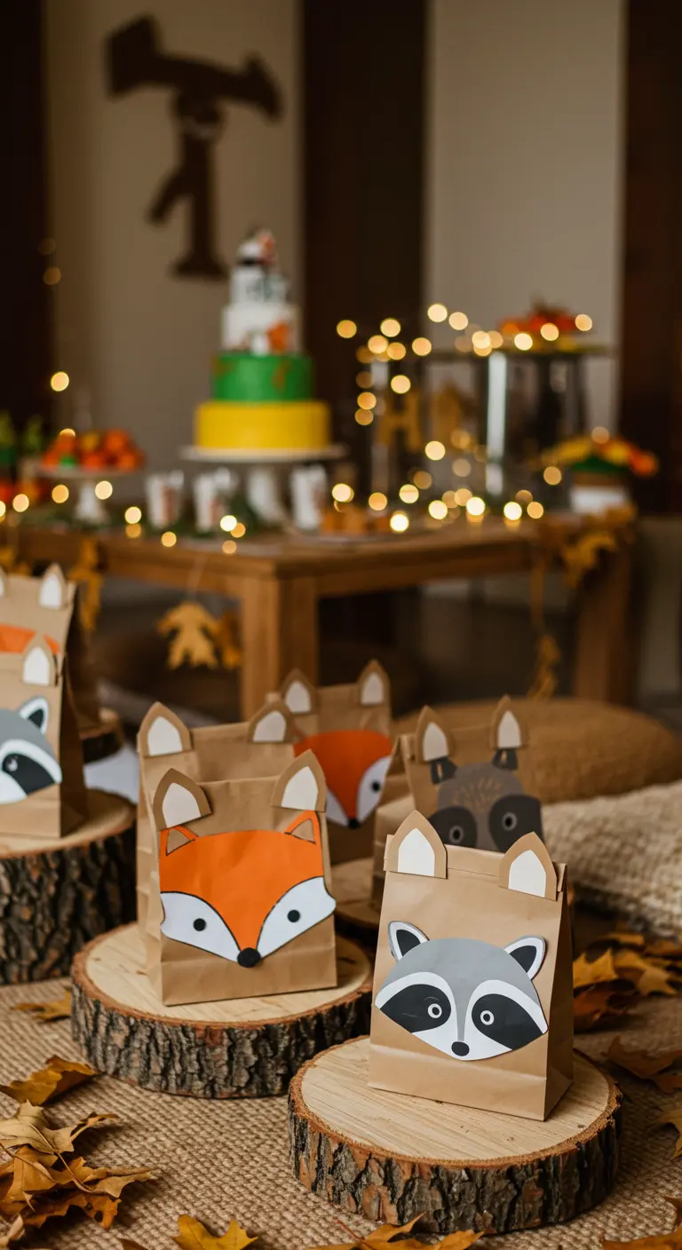 Bolsas de papel kraft decoradas como caras de zorros y mapaches en rodajas de madera.