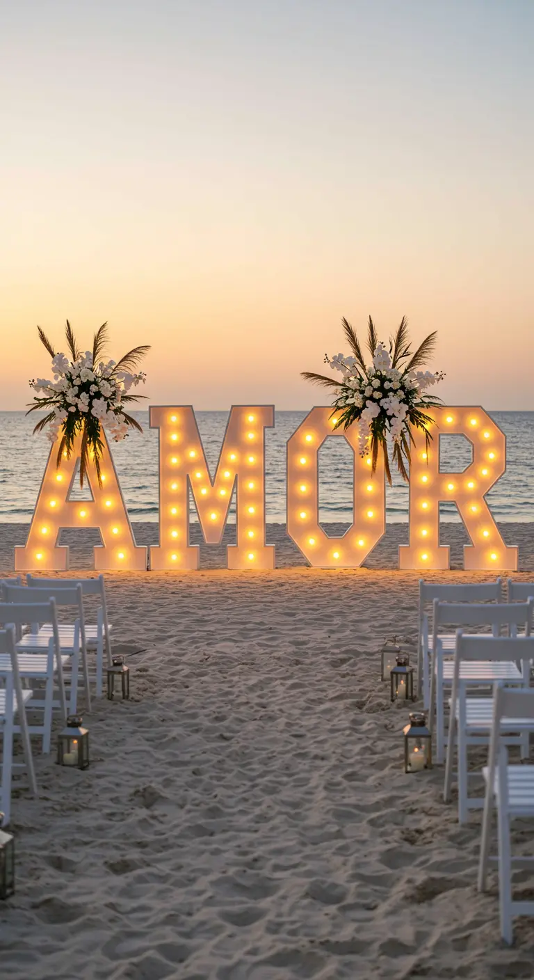 Letras luminosas gigantes que dicen AMOR en la playa, preparadas para una ceremonia de boda.