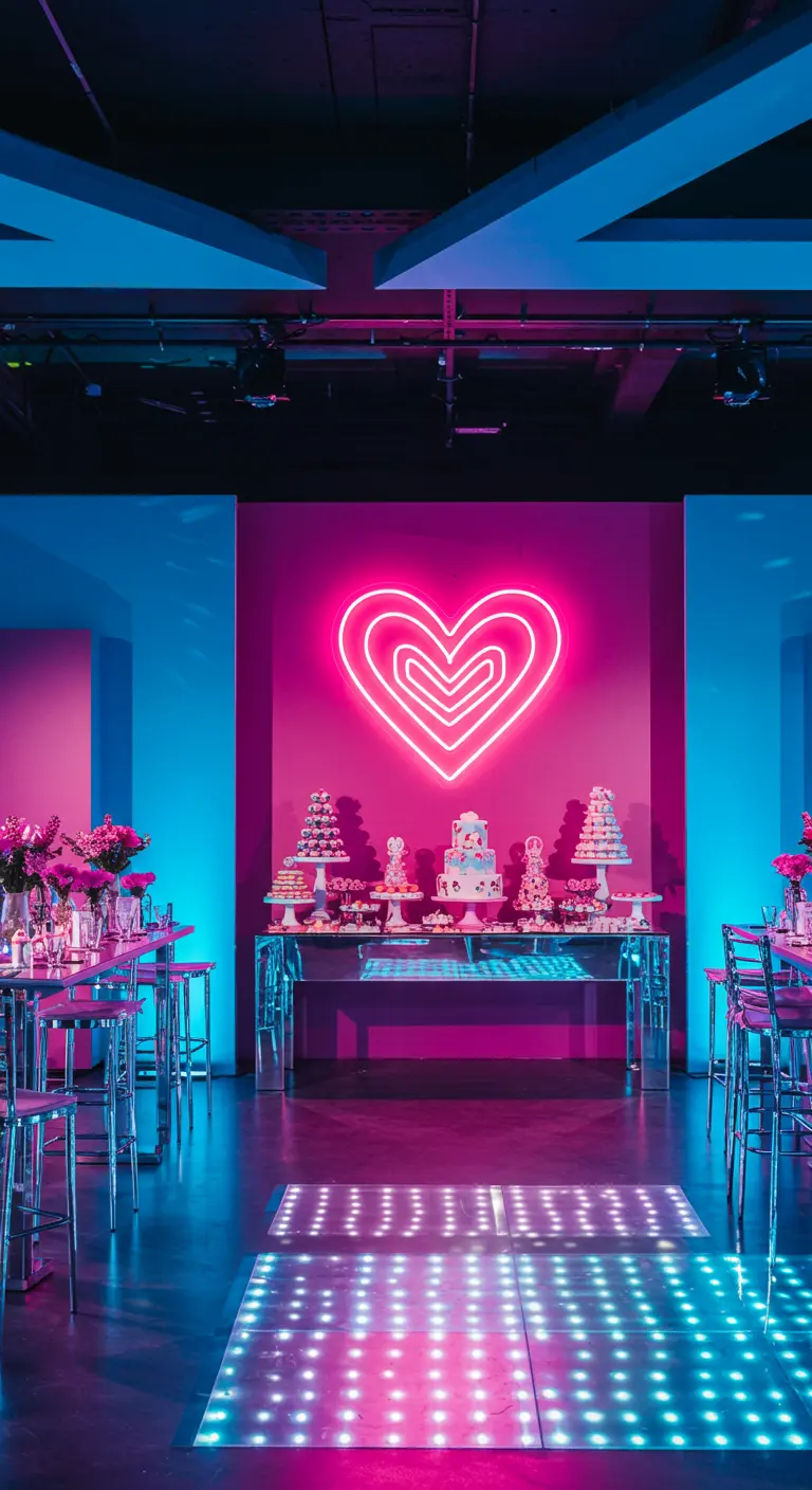Mesa de dulces con un gran corazón de neón rosa y azul en una fiesta moderna.