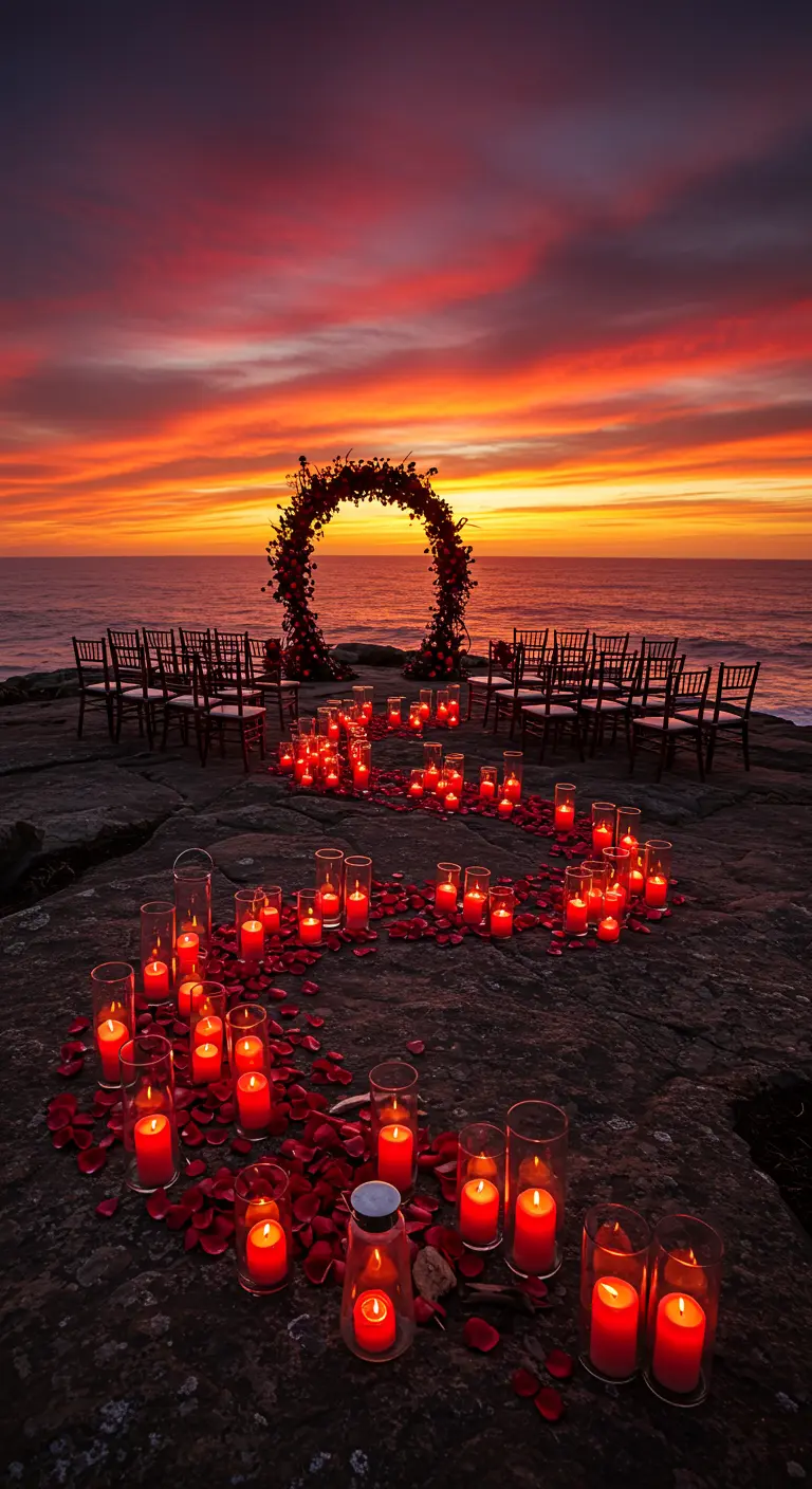 Ceremonia de boda en un acantilado al atardecer con un camino de velas rojas.
