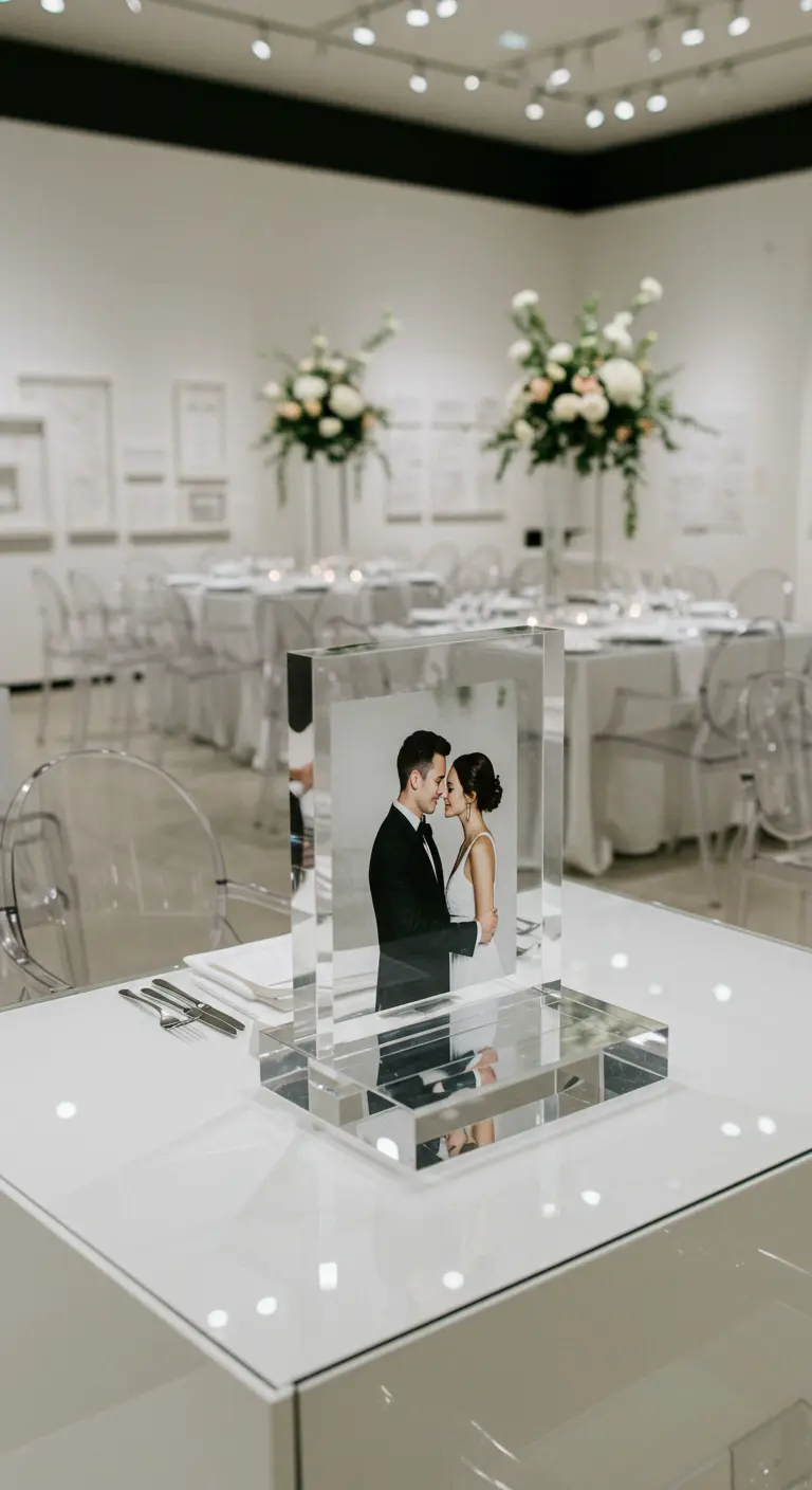Bloque de cristal con una foto de la pareja grabada en 3D en su interior.
