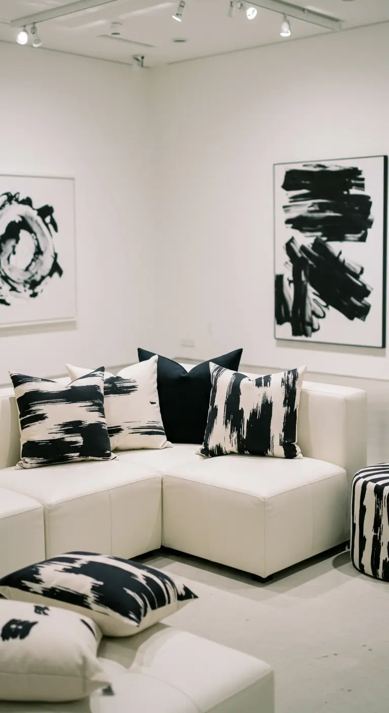 Salón moderno con sofá blanco y cojines con estampados abstractos en blanco y negro.