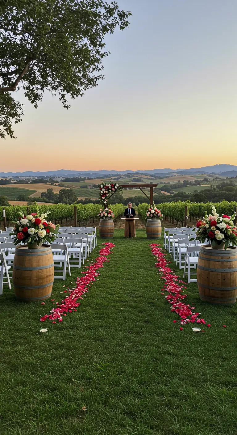 Pasillo de césped en un viñedo con bordes de pétalos de rosa.