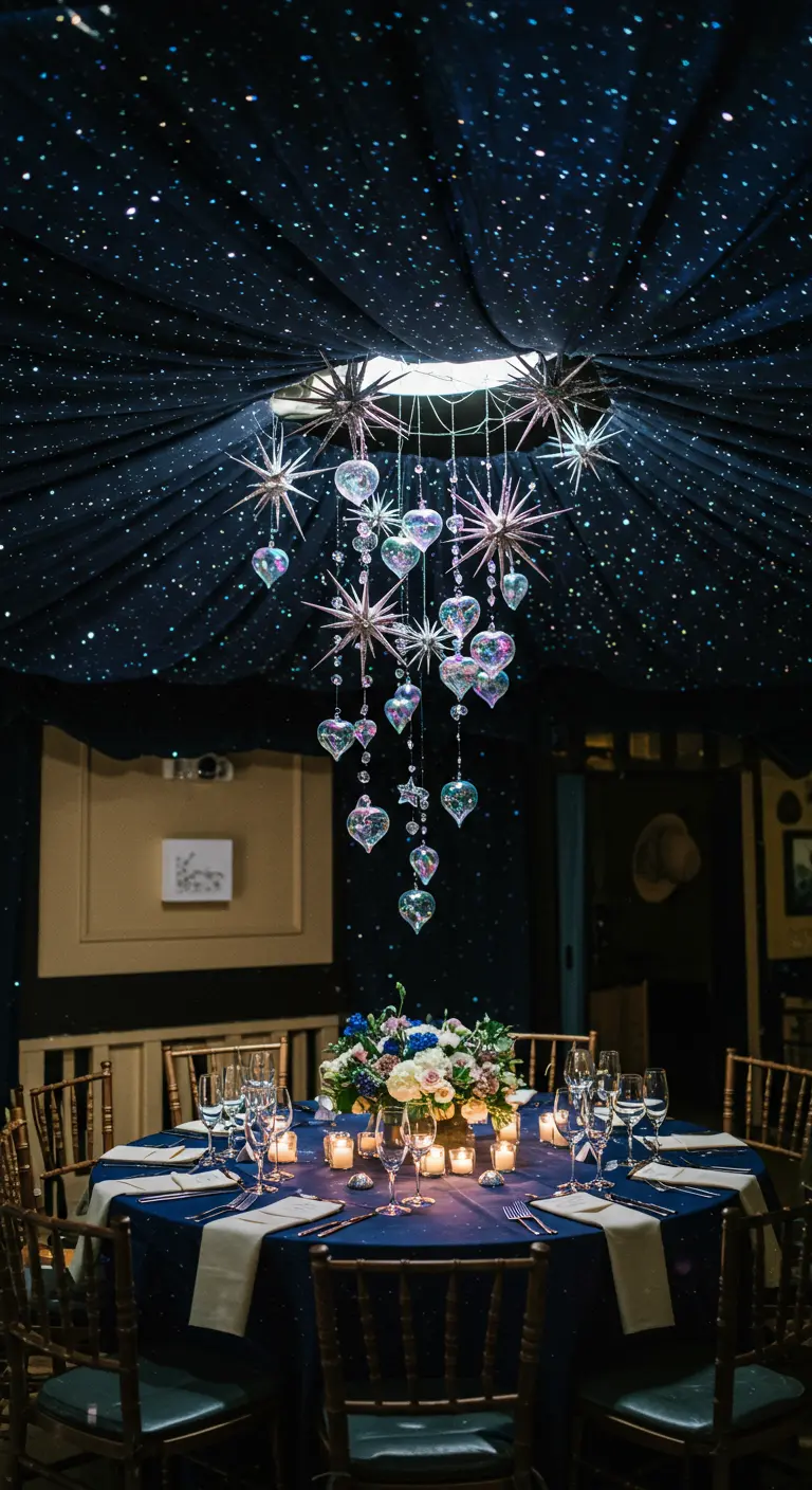 Mesa de boda bajo un techo de tela estrellada con un móvil de corazones y estrellas.
