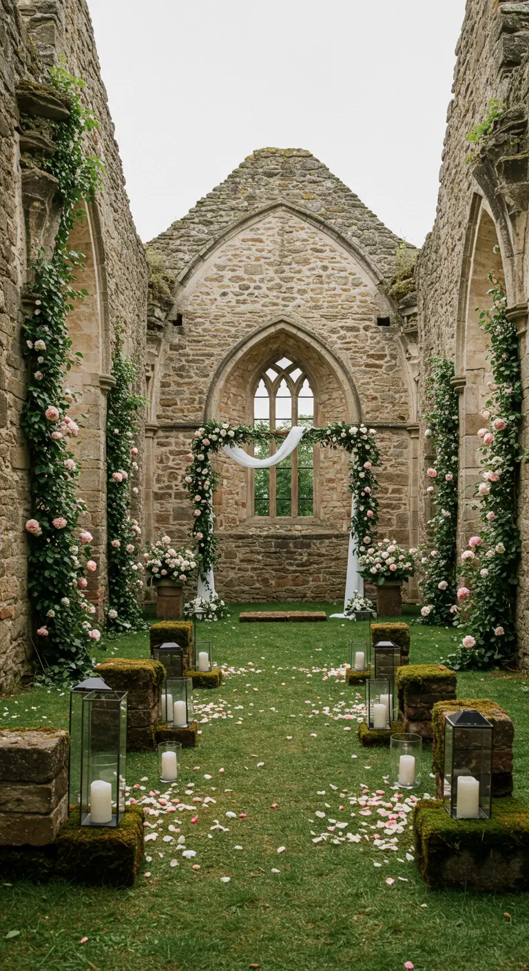 Ceremonia de boda en las ruinas de una iglesia, decorada con rosas trepadoras y faroles.