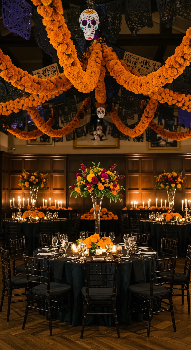 Decoración de boda temática del Día de Muertos con papel picado negro y flores de cempasúchil.