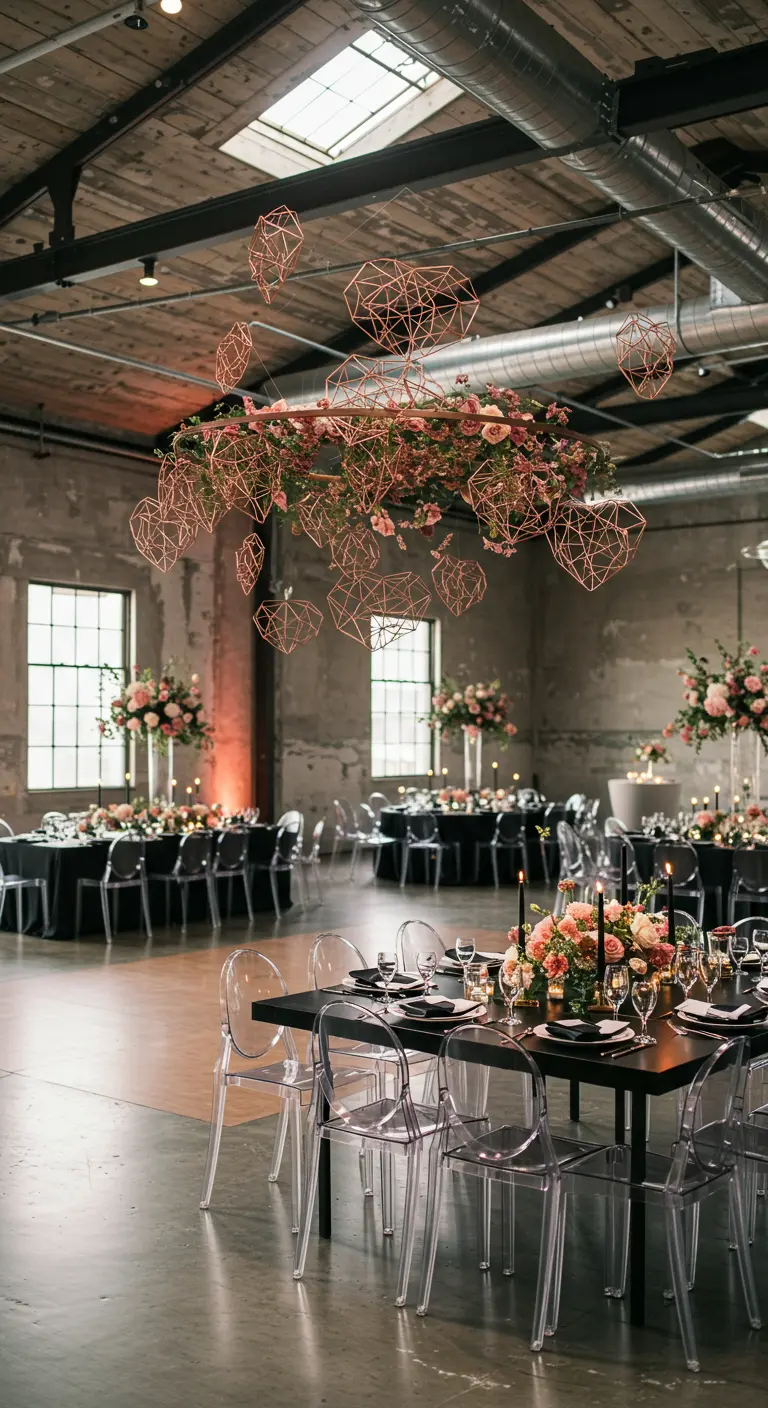Instalación de boda con corazones geométricos de cobre y flores colgando del techo.