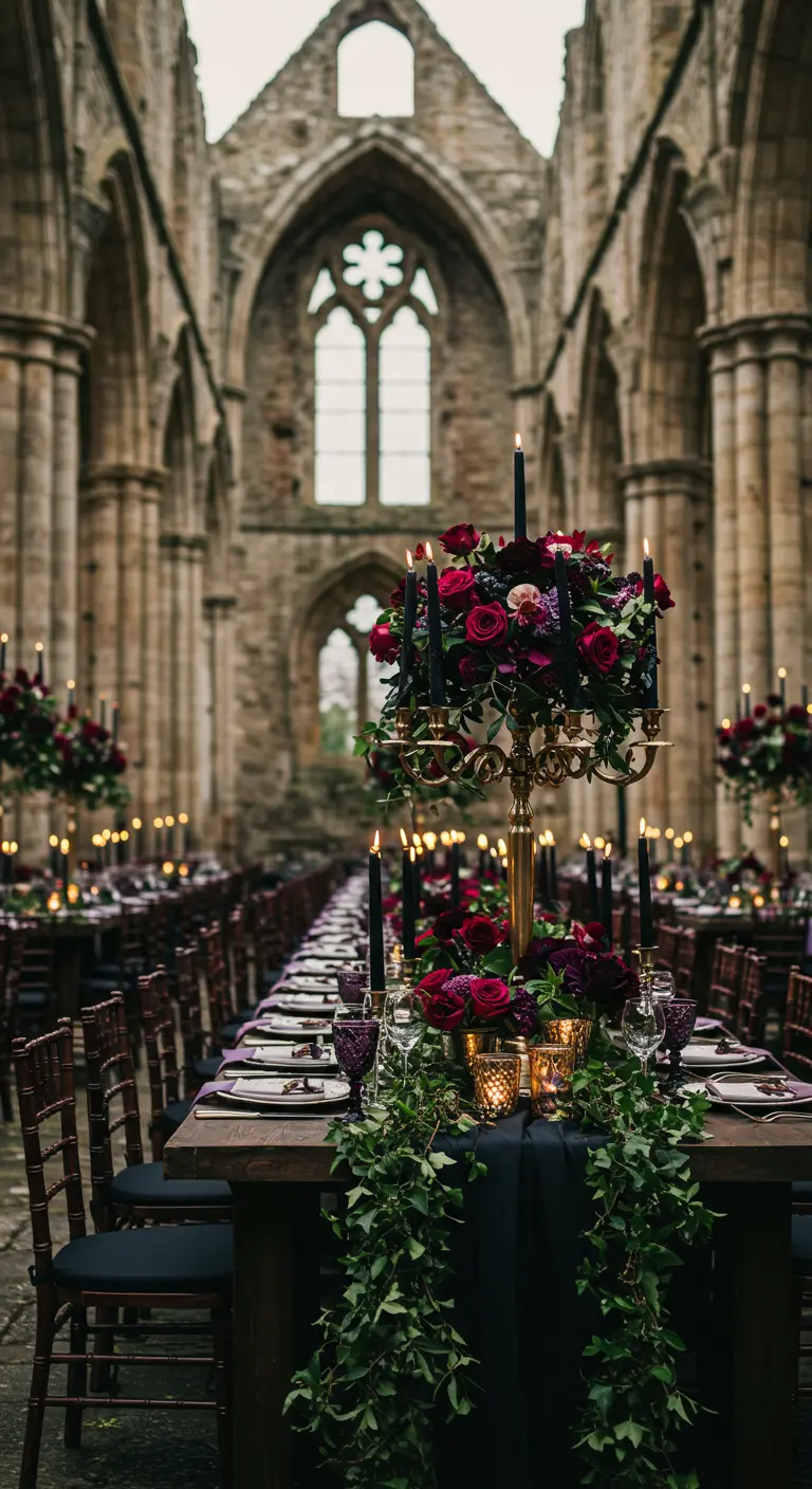 Mesa de boda gótica en las ruinas de una catedral con velas negras.