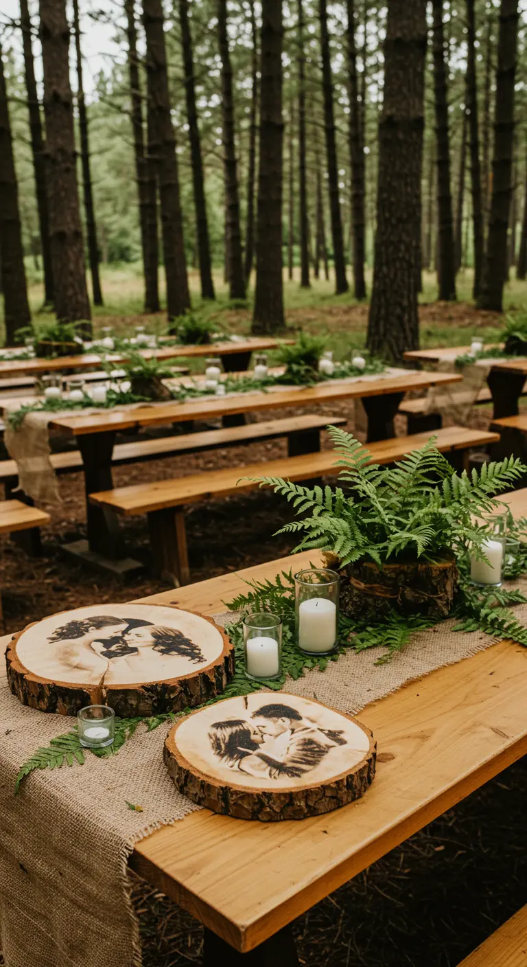 Retratos de la pareja grabados a fuego en rodajas de madera como centros de mesa.