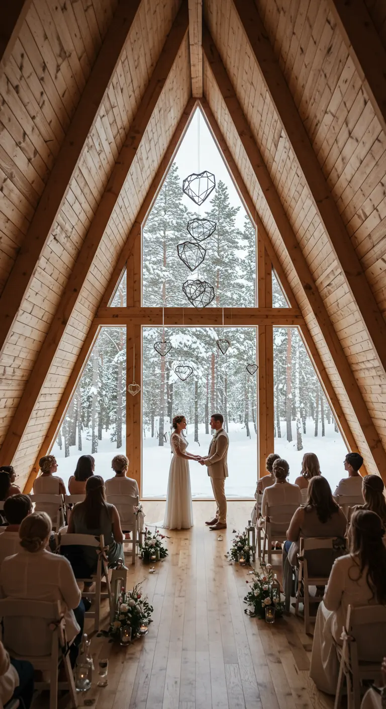 Ceremonia de boda en una cabaña con estructura en A y corazones geométricos en el ventanal.