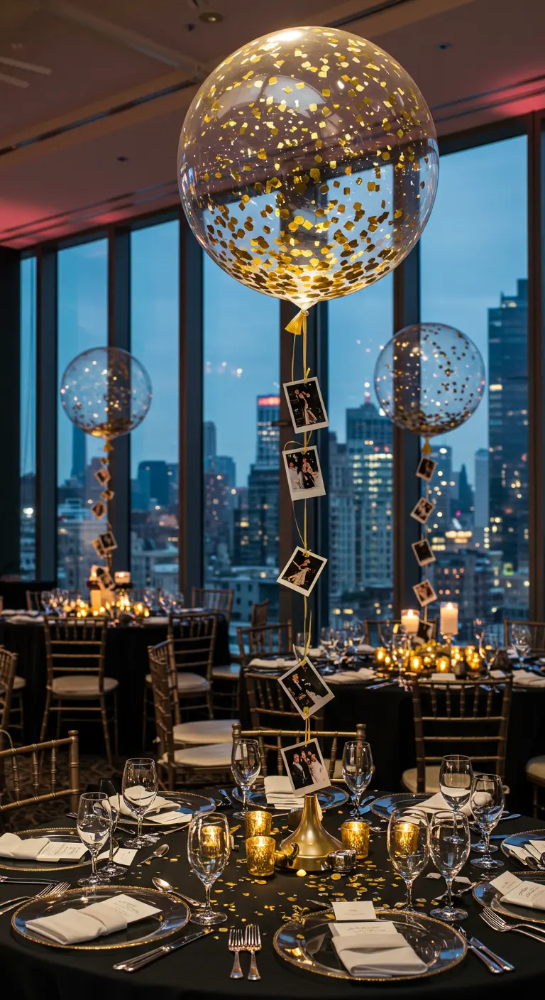 Gran globo con confeti dorado del que cuelga una guirnalda de fotos polaroid.