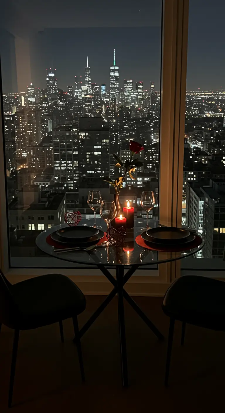 Cena romántica para dos con velas y una rosa frente a un ventanal con vistas a la ciudad.