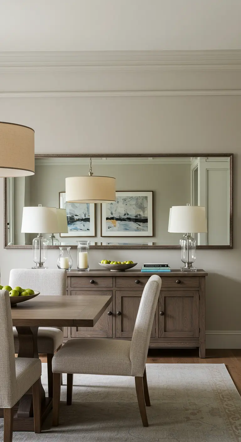 Comedor con un gran espejo horizontal sobre un aparador, reflejando lámparas y arte