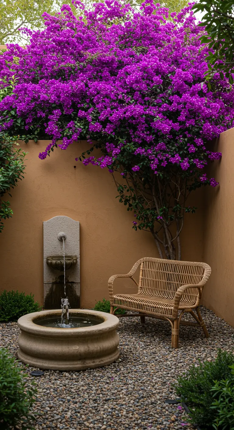 Patio de grava con una fuente de pared de piedra, un banco de mimbre y una buganvilla.