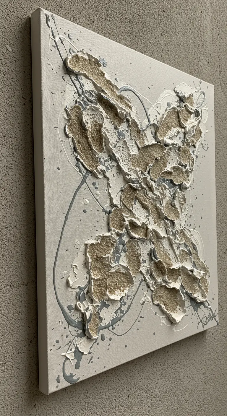 Lienzo cuadrado con textura tridimensional de arena y pintura blanca sobre un fondo gris.