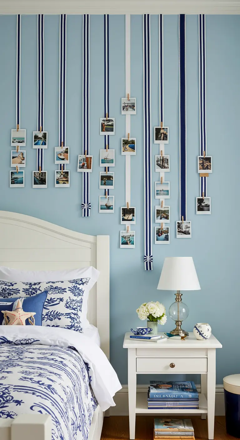 Dormitorio de estilo costero con fotos polaroid colgando de cintas a rayas azules y blancas.