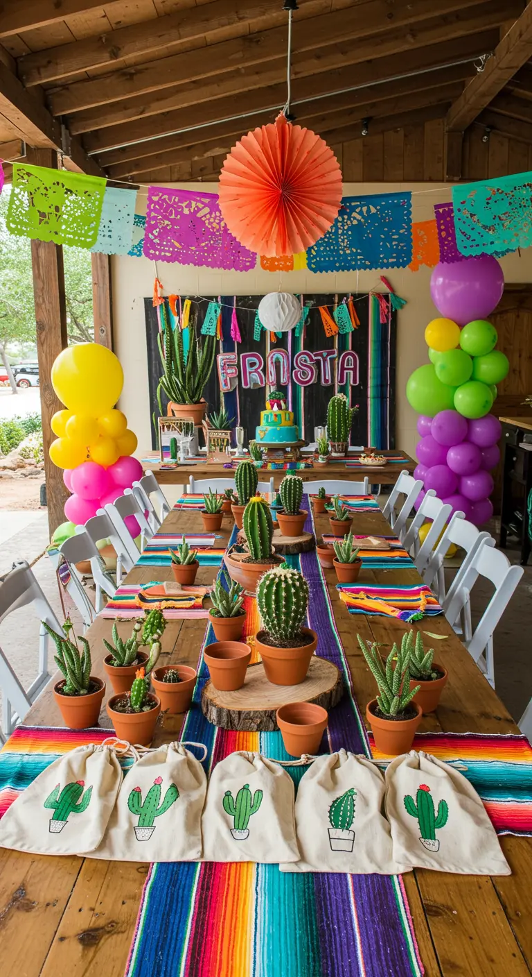 Bolsitas de tela con dibujos de cactus sobre un camino de mesa mexicano colorido.