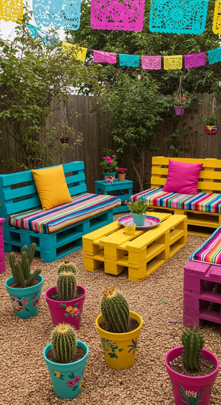 Patio estilo mexicano con muebles de palets pintados de colores vivos y cojines a rayas.