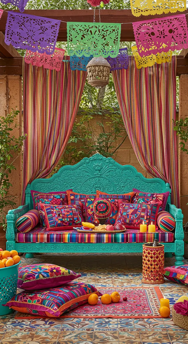 Sofá cama turquesa de estilo mexicano con textiles coloridos y papel picado.