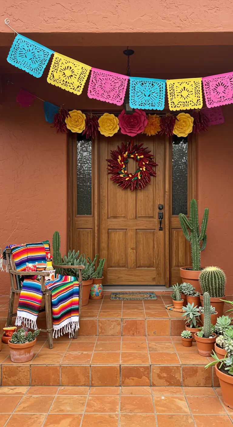 Porche decorado con estilo de fiesta mexicana, con papel picado, cactus y flores de papel.