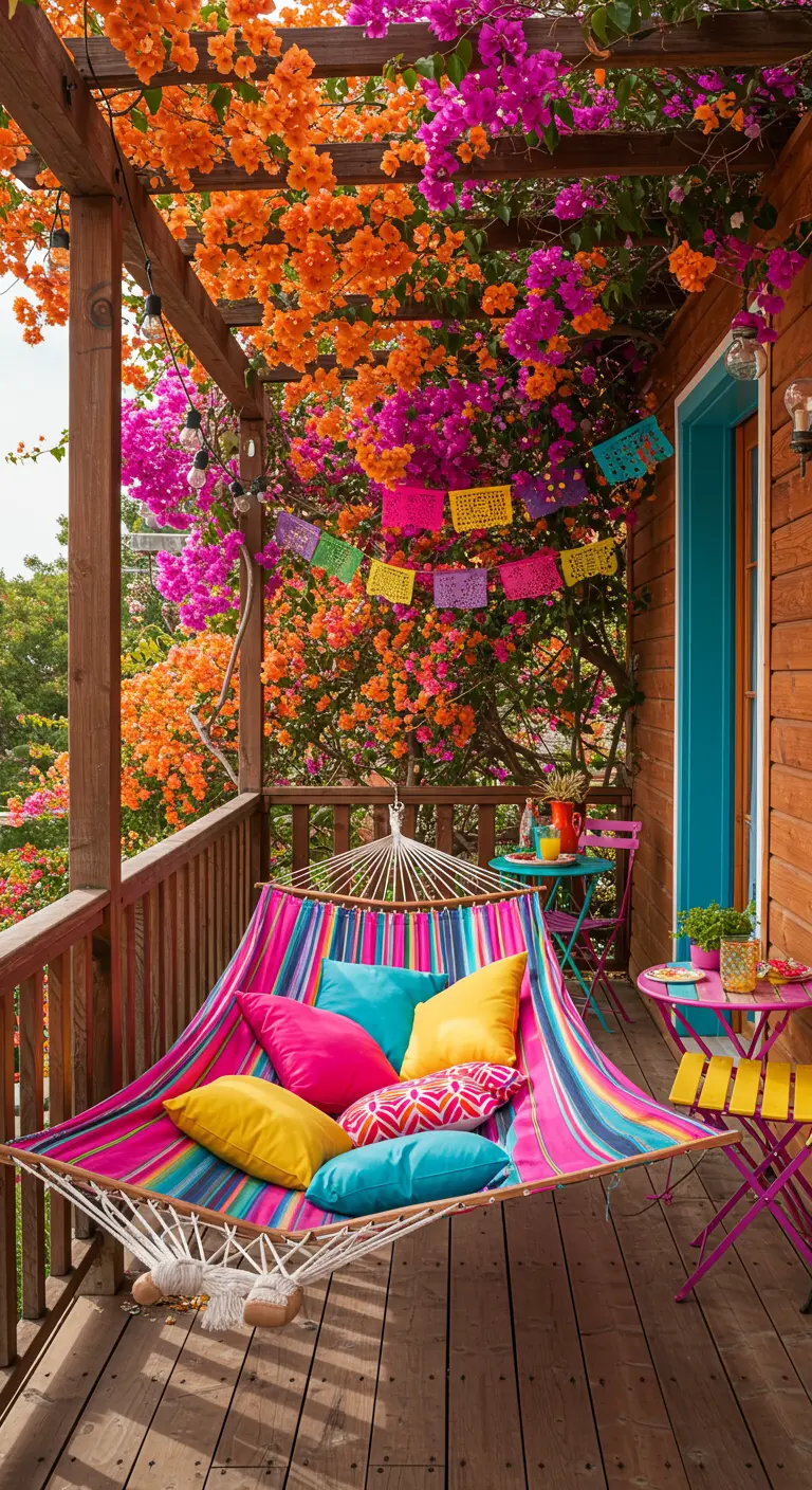 Balcón de madera con buganvillas, hamaca de rayas y cojines de colores vivos.