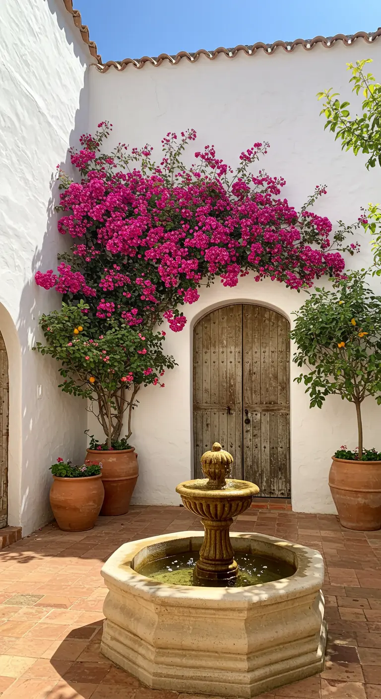 Patio andaluz con pared blanca, buganvilla fucsia sobre una puerta de madera y una fuente de piedra.