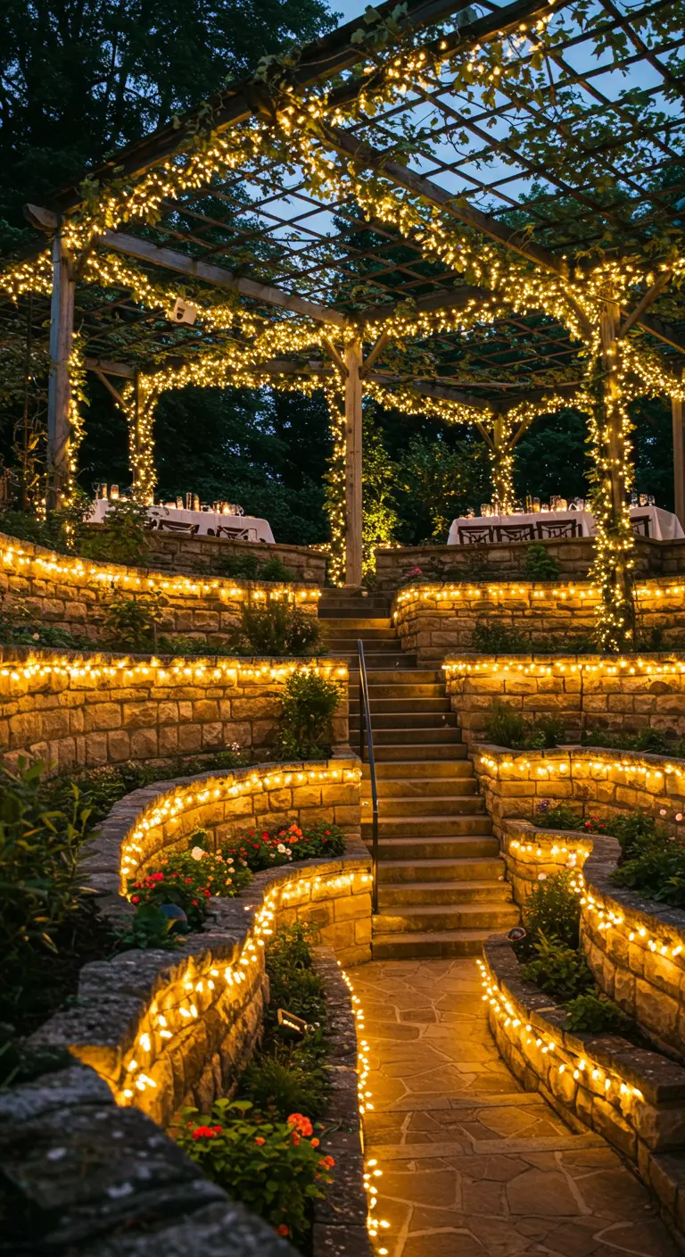 Jardín escalonado de piedra con cada nivel delineado por luces de hadas por la noche.