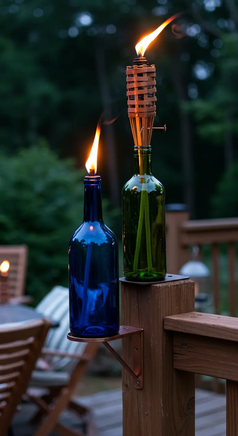 Botellas de vino de colores reutilizadas como antorchas tiki para iluminar un jardín o patio.