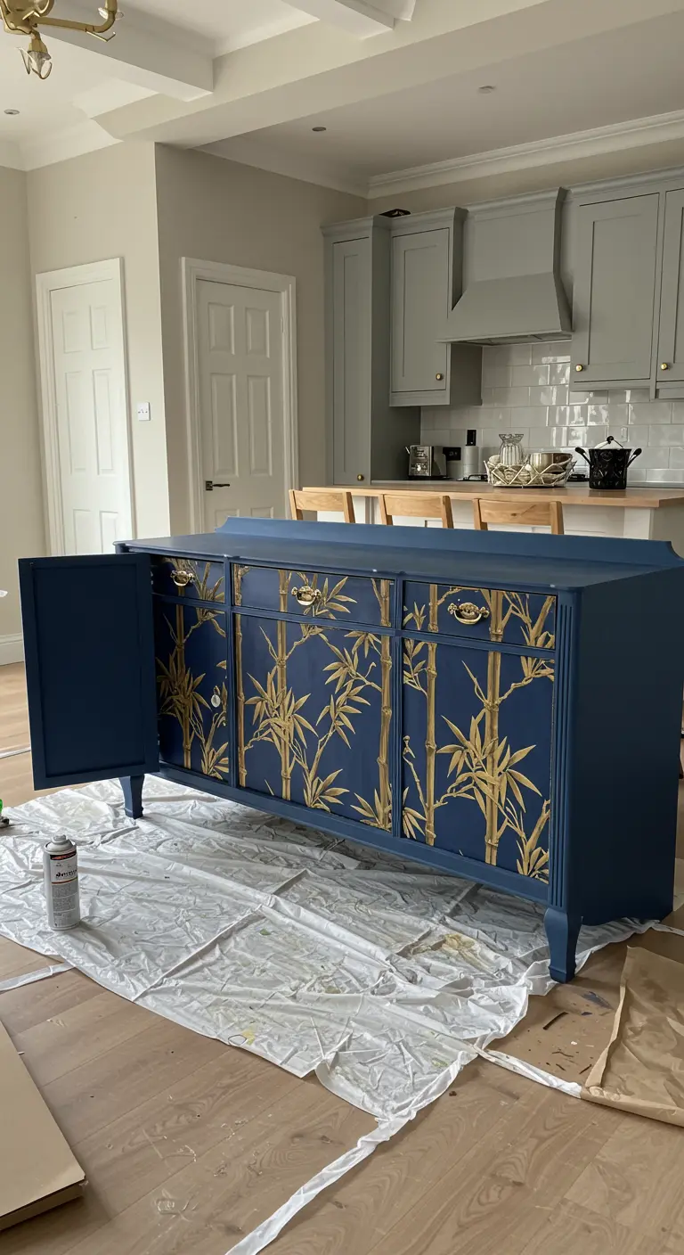 Aparador vintage pintado de azul marino con los paneles de las puertas forrados en papel tapiz dorado con un patrón de bambú.